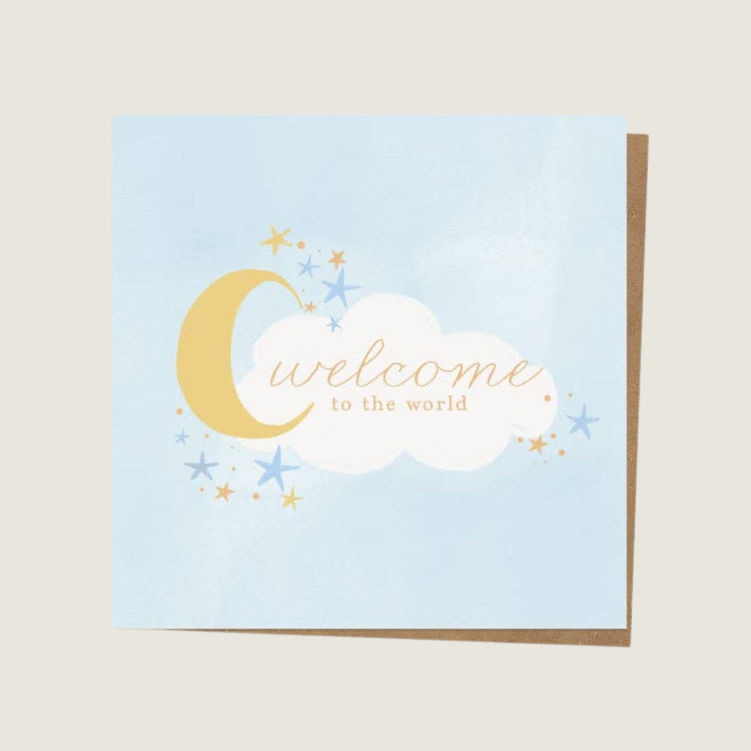 Luxury Foil New Baby Card - Moon & Clouds - Blue