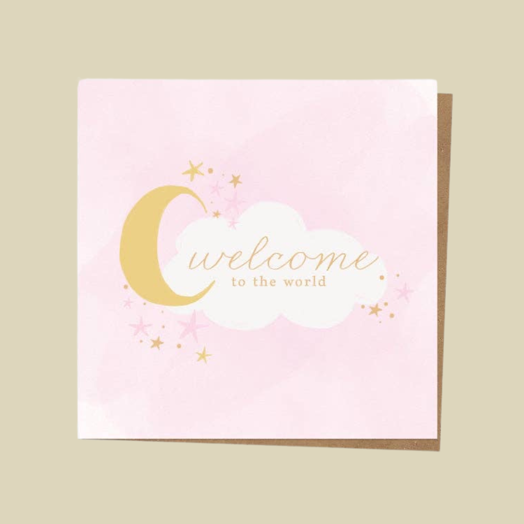 Luxury Foil New Baby Card - Moon & Clouds - Pink