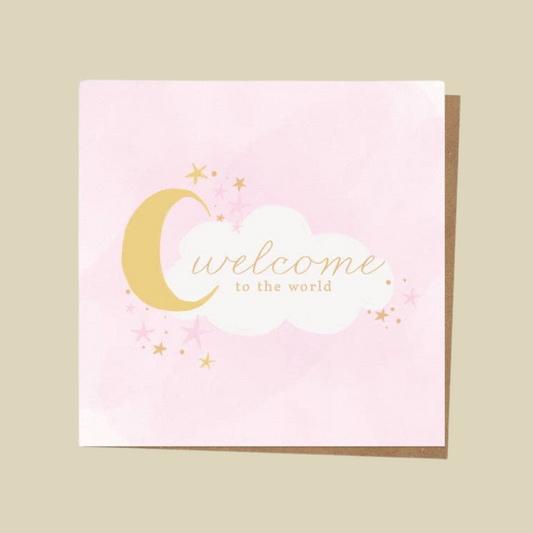 Luxury Foil New Baby Card - Moon & Clouds - Pink