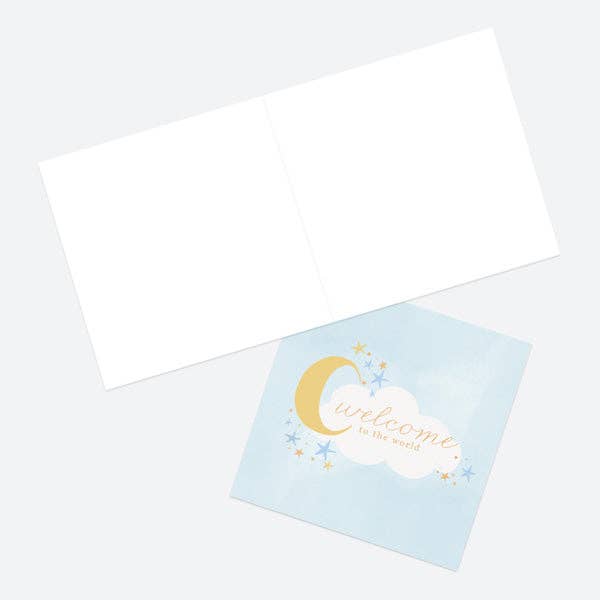 Luxury Foil New Baby Card - Moon & Clouds - Blue