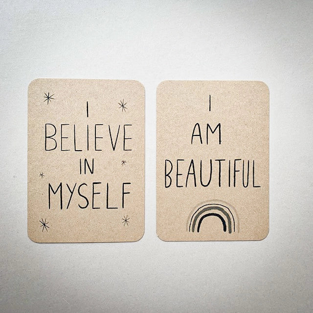 A6 Affirmation cards for small children to help them believe in themselves and promote healthy self image. Cards are perfect at home learning tools.